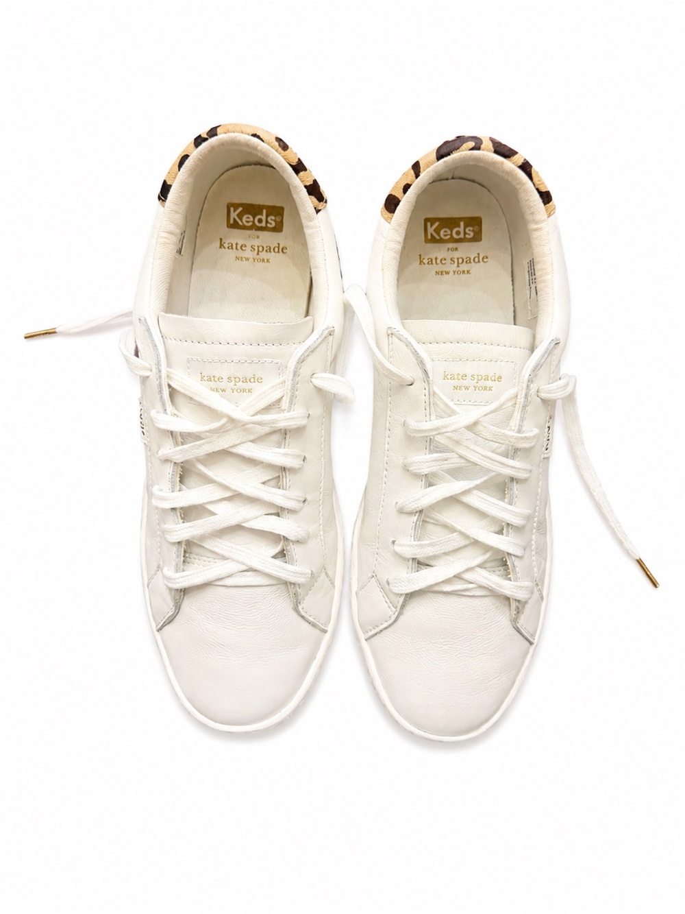 Keds x Kate Spade New York White Leather Sneakers Leopard Heel Women’s Size 8